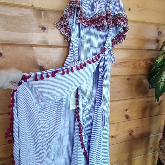Charlie O. 💜 Kinnucan's Striped Maxi Dress Semi Wrap Boho Tassels Fringe Medium - Picture 9 of 12